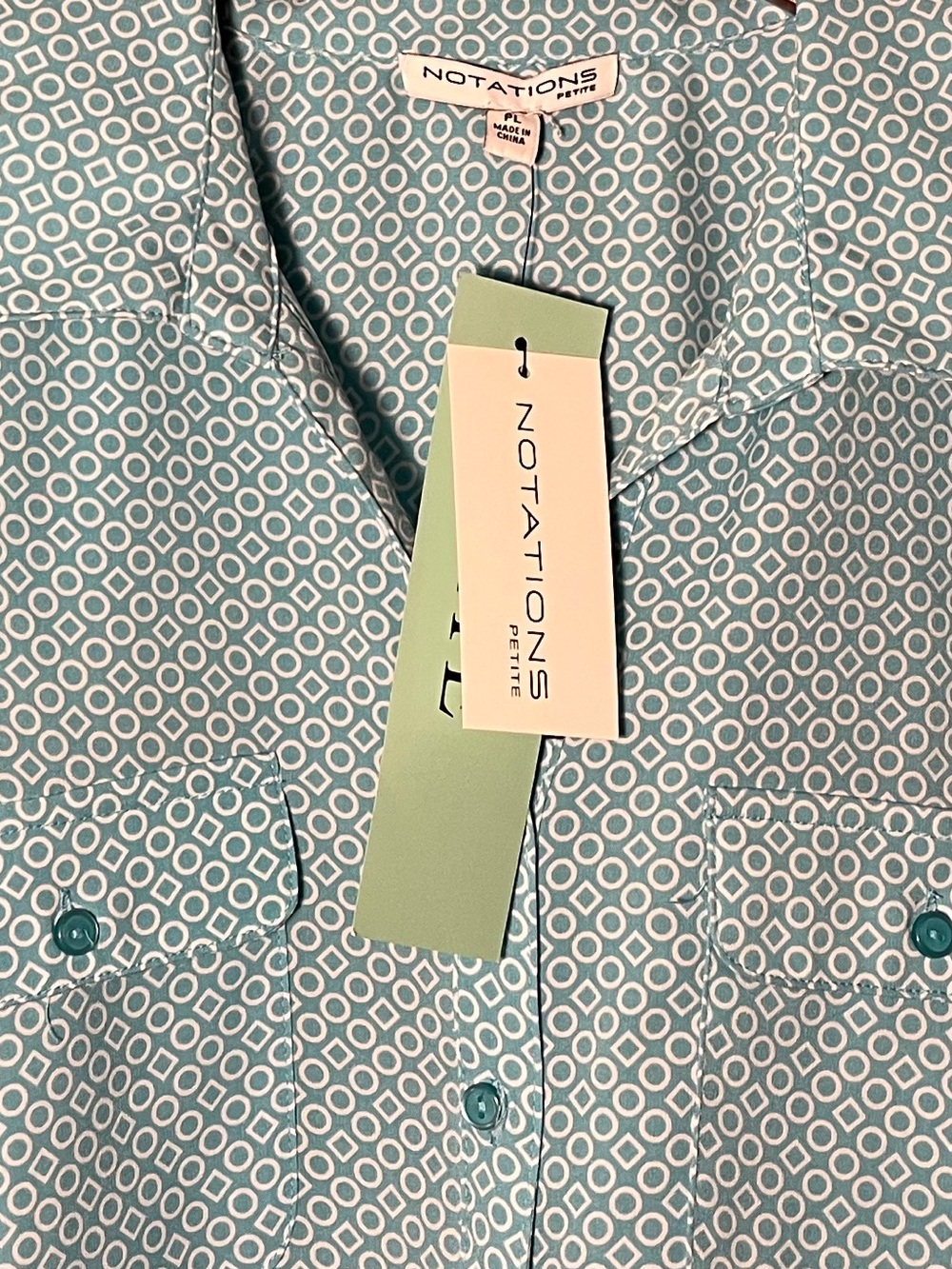 NWT Notations Petite Blue Geometric Button Front Blouse Roll Tap Sleeves Top LP - Picture 5 of 10